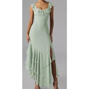 Mint Green Ruffle-Trim Maxi Dress with Side Slit